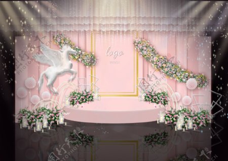 粉色婚礼背景留影区迎宾区效果图