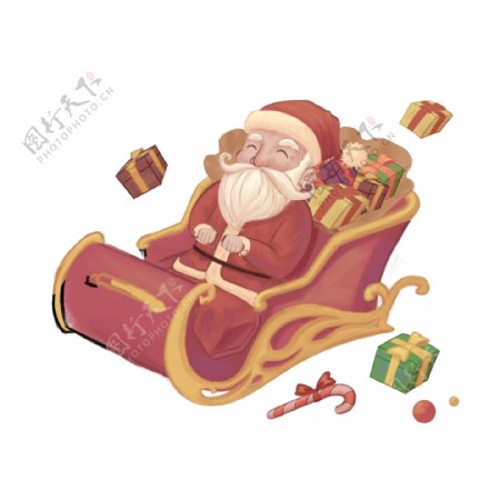 手绘复古坐在雪橇里的圣诞老人插画元素
