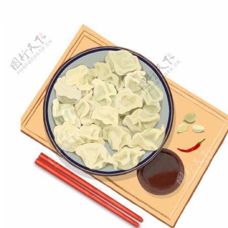 手绘冬至一盘水饺食物元素