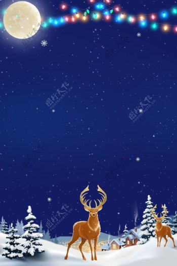 蓝色圣诞彩灯麋鹿背景素材