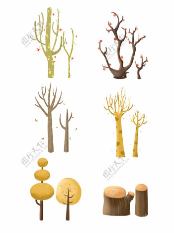 冬天树木树枝手绘装饰卡通可商用元素