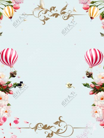 盛开花朵热气球广告背景