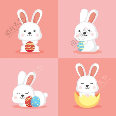 可爱白色抱彩蛋的兔子