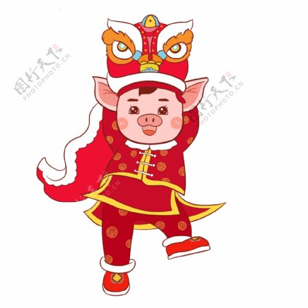 红色喜庆新年快乐舞狮的小猪设计
