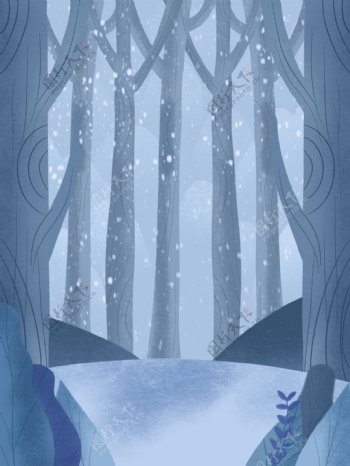 彩绘冬季树林下雪背景设计