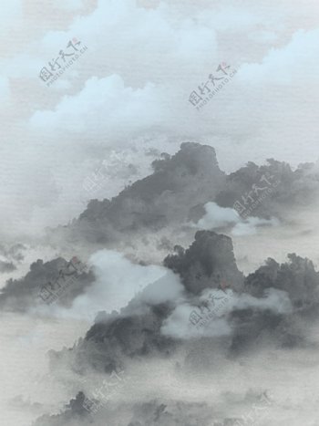 原创黑白山水云彩水墨水彩质感国风背景