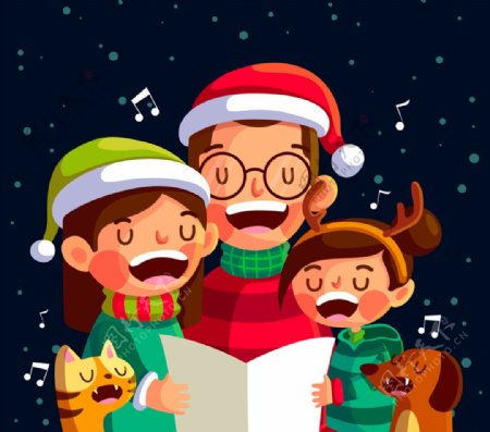 创意唱歌的圣诞三口之家矢量素材