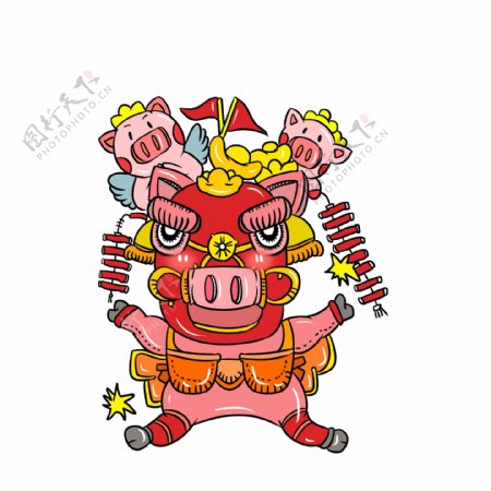 2019年猪年舞狮子猪猪手绘插画