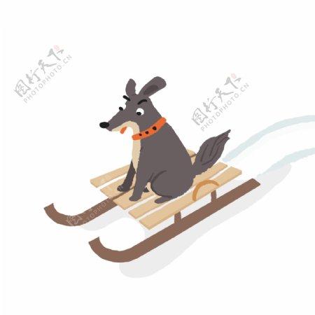 手绘冬日坐着雪橇滑雪的狗