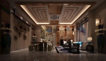 新中式书房茶厅效果图3D模型