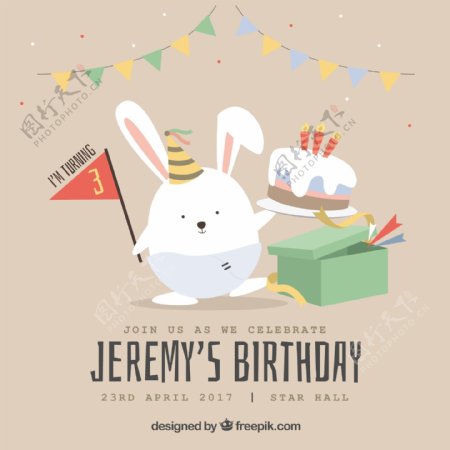 生日卡可爱的兔子和生日蛋糕