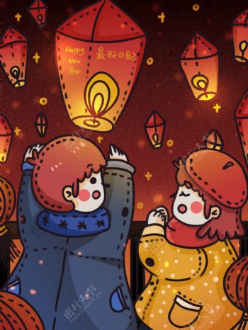 新年快乐在江边放孔明灯的情侣许愿新年愿望