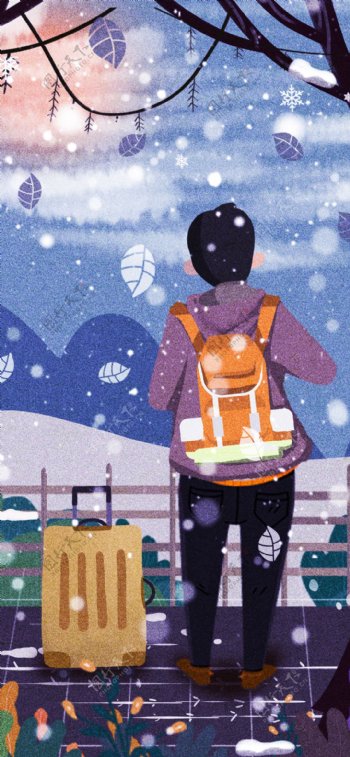 原创插画小寒节气雪天回家路上的男孩
