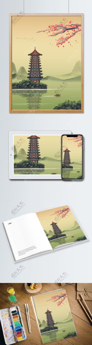 中国风山水墨画复古建筑青山绿水烟雨江南
