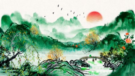 唯美复古风景画中国水墨画中国水彩画插画