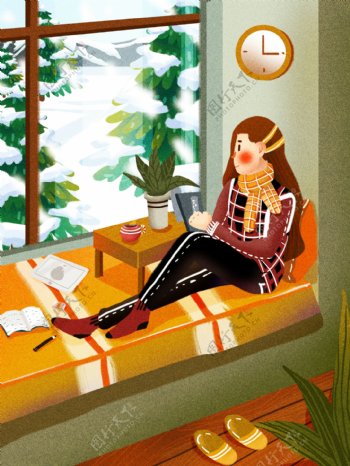 冬天你好窗台看书雪景植物挂钟少女肌理