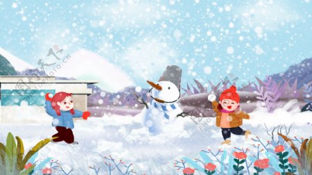 唯美清新冬季雪景小孩打雪仗插画