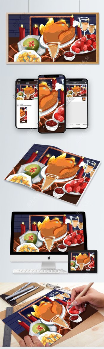 感恩节大餐美式烤鸡和蛋糕插画