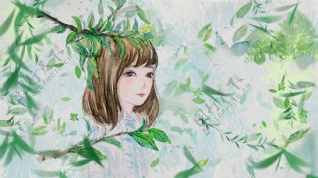 水彩小清新文艺插画森林治愈系树荫下的女孩