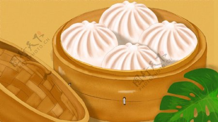 广东特产早茶系列之蒸笼叉烧包原创手绘插画