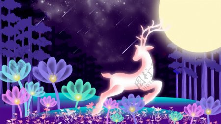 紫色梦幻色彩林森遇鹿治愈系插画