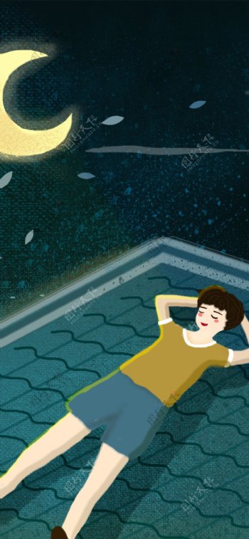 原创夏天夜晚屋顶乘凉的男孩商业插画