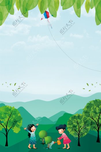 手绘卡通绿色植树节背景