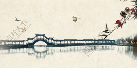 中国风古桥湖泊背景设计