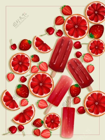 纯手绘原创小清新红色雪糕草莓水果食物背景