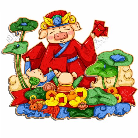 原创手绘新年中国风猪年大红包发财荷花