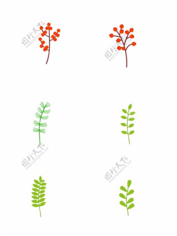 原创果实绿叶植物树枝树叶点缀元素手绘插画