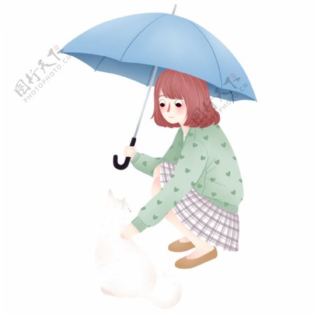 撑着伞的女孩猫咪图案元素