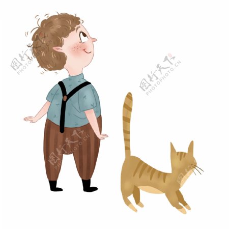 手绘卡通男孩与猫咪图案元素