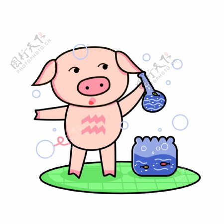 手绘猪年水瓶座小猪矢量元素