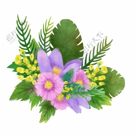 原创水彩手绘紫色粉色花草植物