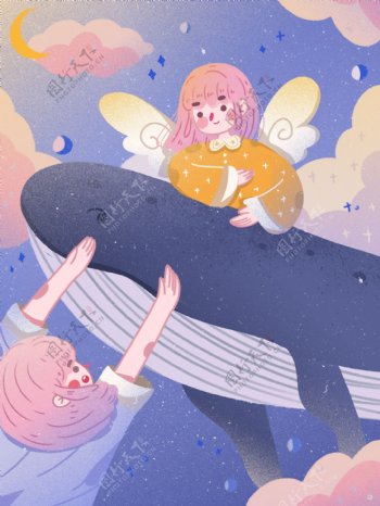 鲸鱼和女孩治愈系星空浪漫唯美梦幻创意插画