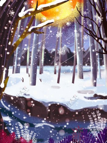 彩绘冬季树林雪地背景设计