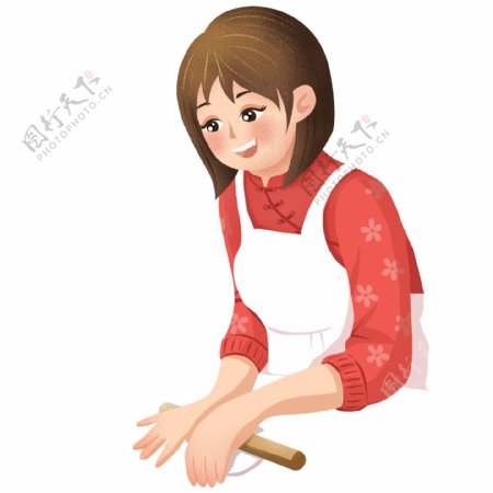 卡通手绘擀饺子皮的女人