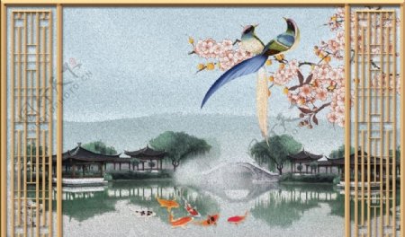 中式山水风景花鸟背景墙