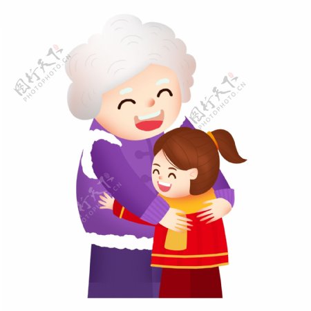 老奶奶抱孙女透明元素