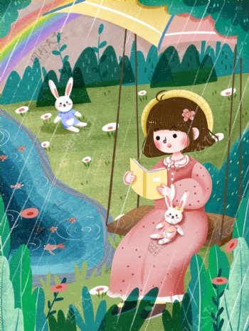 你好四月下着小雨在院子里看书的女孩荡秋千