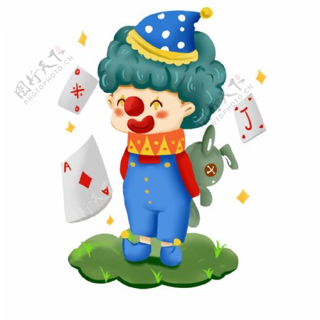 卡通可爱小丑扑克牌抱小兔