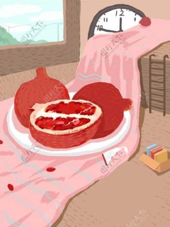 粉色卡通居家水果插画背景