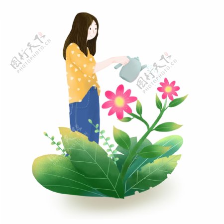 手绘春天给绿植鲜花浇水的女孩人物元素