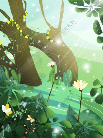 手绘春分阳光树林背景设计