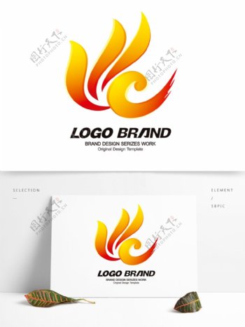 创意矢量红黄飞鸟飘带标志设计公司logo