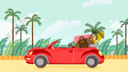 红色轿车海边旅游系列原创插画