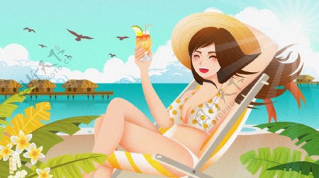 清新夏日度假海滩泳装插画