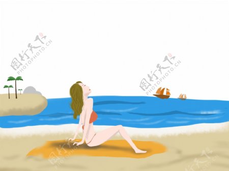 美女沙滩手绘插画免费下载