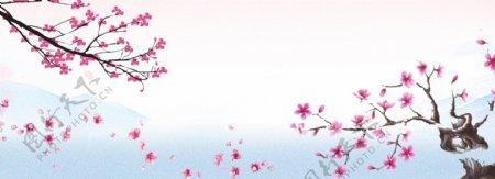春天中国风粉色蓝色电商海报背景